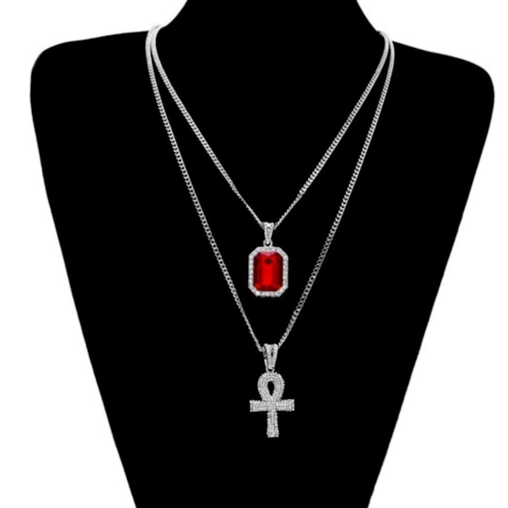 💝 Silver Necklaces with Red Ruby Gemstone and Iced Out Gold Cross Pendant